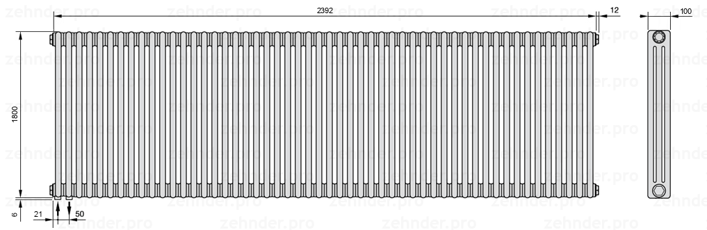 Схема (чертеж) Радиатор Zehnder Charleston 3180/52 №3370 Белый глянцевый RAL 9016